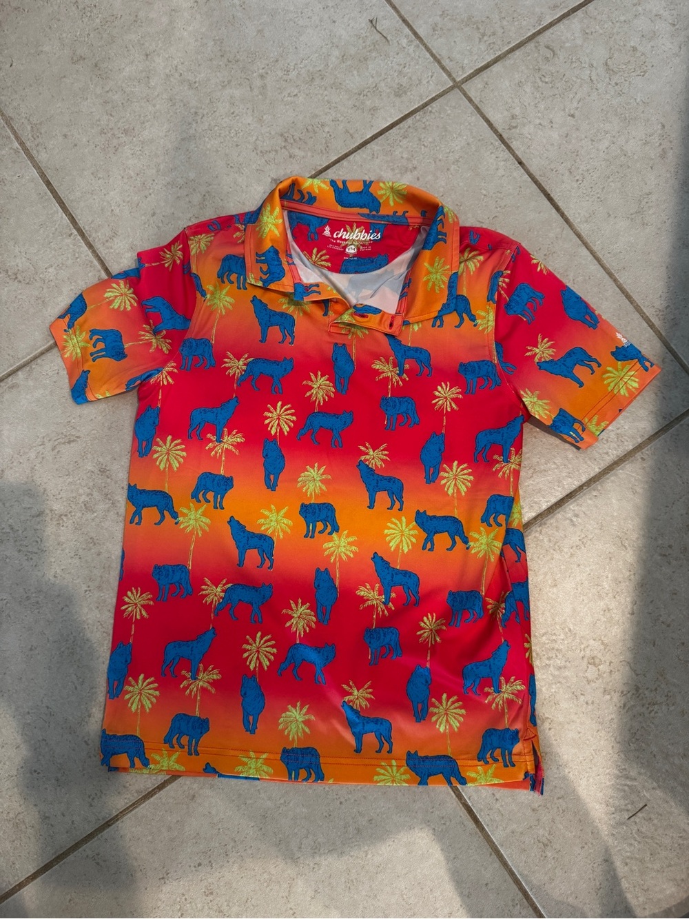 chubbies Kids Orange & Red Polo with Blue Wolf Print